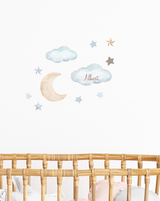 Måne og skyer wallstickers med dit barns navn