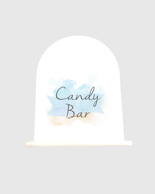 Candybar skilte med blåt banner som vi laver til din fest til 250,- med hurtig levering